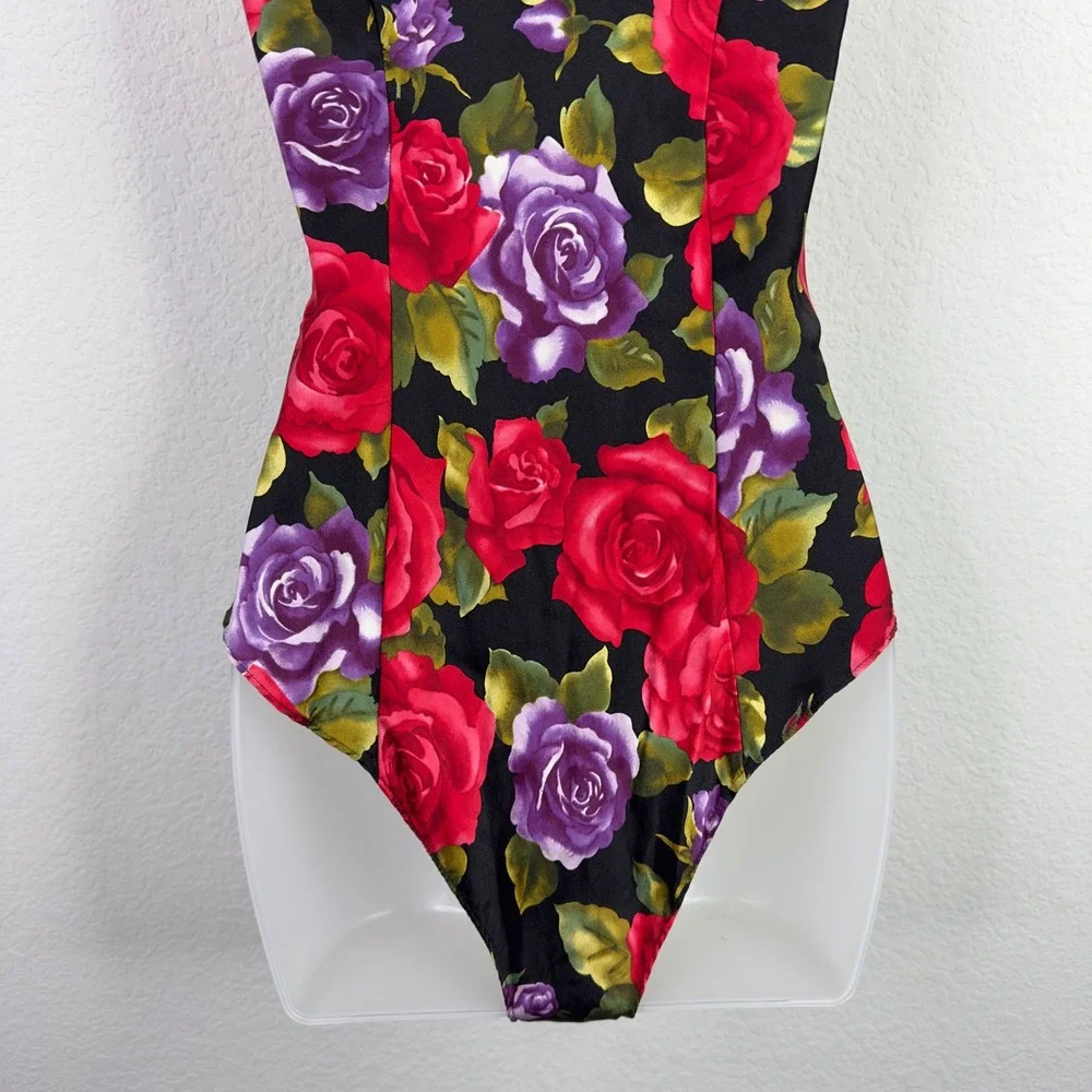 Victoria's Secret Bodysuit P Black Silk‎ VTG Floral Rose Romantic Coquette Teddy